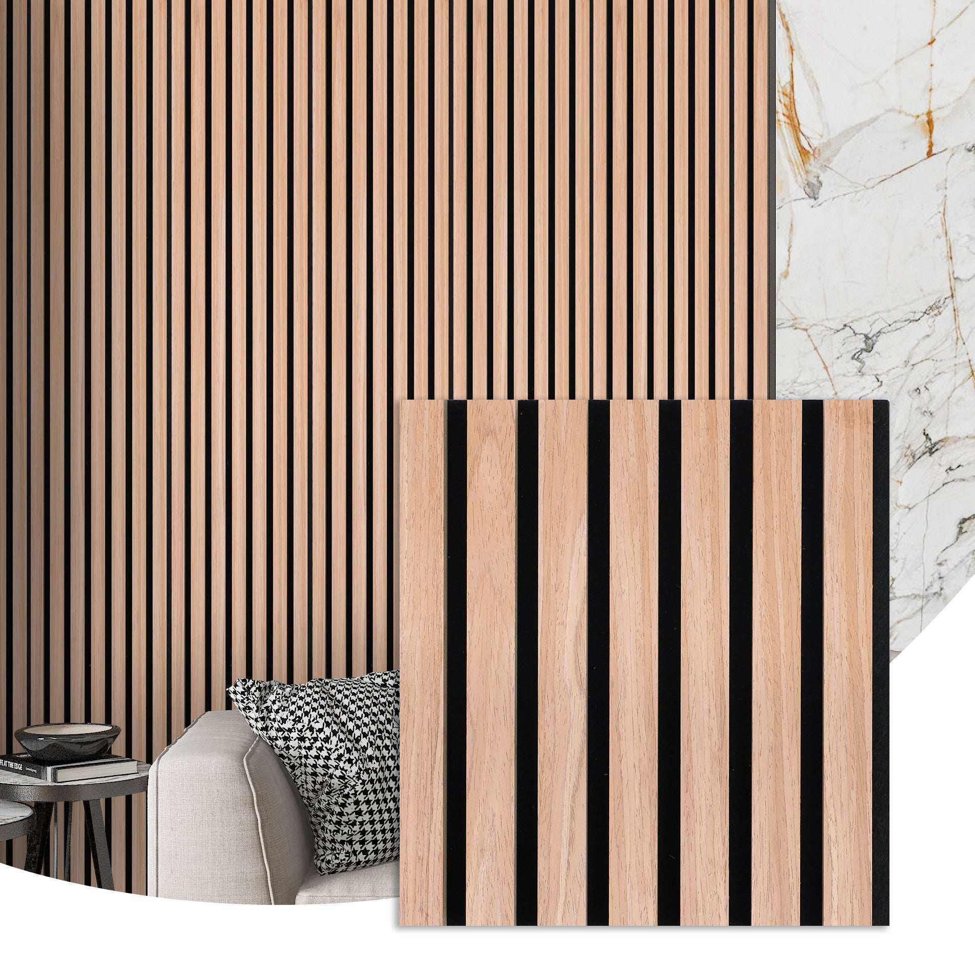 Sound dampening wood wall panels installed in a modern interior to reduce noise and enhance acoustic comfort. Caption: