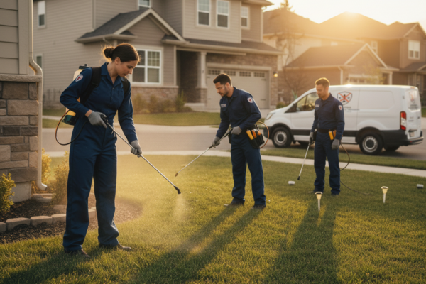 Professional pest control technician inspecting a home in San Antonio for termite and rodent activity