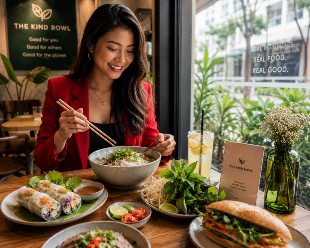 Woman in bold red outfit enjoying vegan pho and fresh Vietnamese dishes at a modern Singapore café featuring herbs, rice paper rolls, and natural lighting, showcasing the vibrant central singapore vegan dining experience.