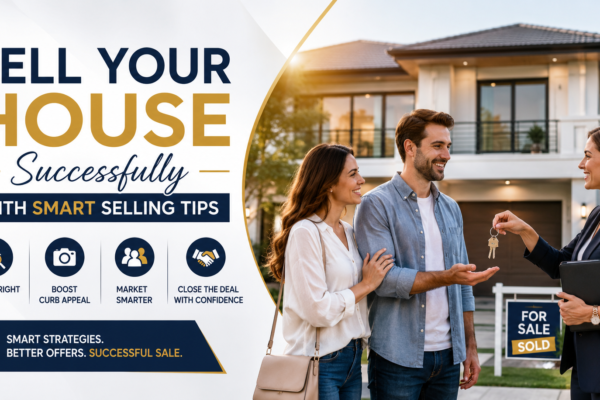 Premium real estate banner featuring a happy homeowner, professional agent, and modern house with smart home selling tips for success.