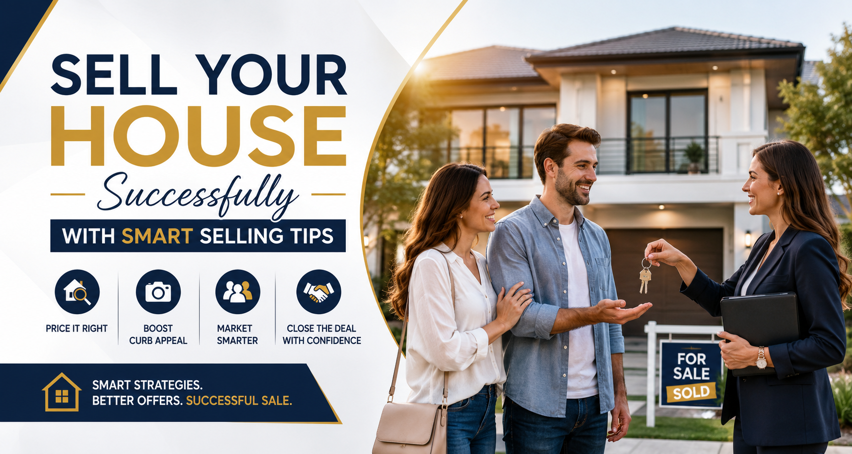 Premium real estate banner featuring a happy homeowner, professional agent, and modern house with smart home selling tips for success.