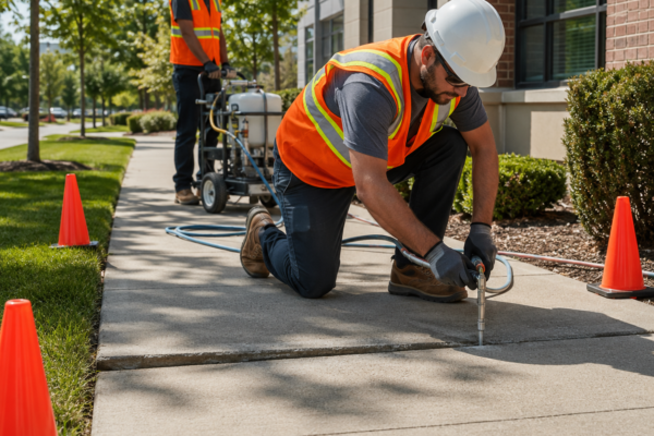 Construction workers repairing sidewalk seam, Trip Hazard Mitigation concrete contractors