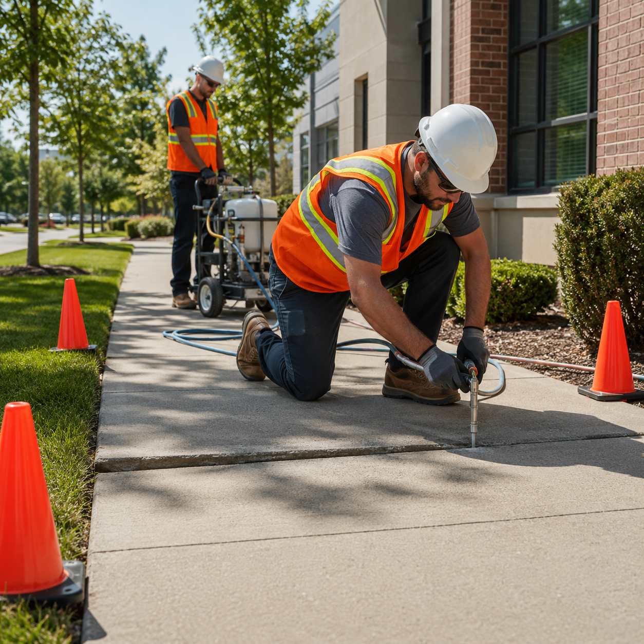 Construction workers repairing sidewalk seam, Trip Hazard Mitigation concrete contractors