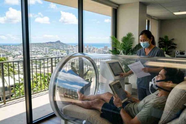 A man wearing an oxygen mask uses a tablet inside a hyperbaric chamber while a masked healthcare worker stands nearby, overlooking a city skyline with Diamond Hea