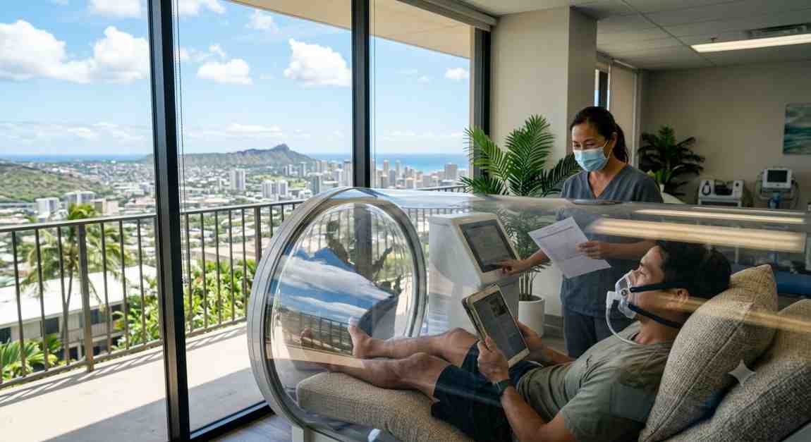 A man wearing an oxygen mask uses a tablet inside a hyperbaric chamber while a masked healthcare worker stands nearby, overlooking a city skyline with Diamond Hea