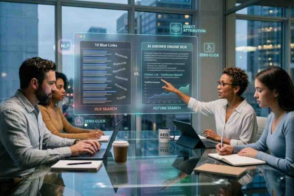 AEO agency presenting AI search engine optimization strategy on a holographic display.
