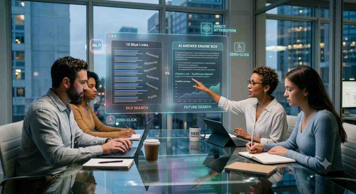 AEO agency presenting AI search engine optimization strategy on a holographic display.