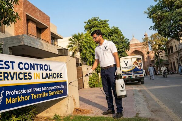 Professional pest control technician spraying a home wall for Pest Control Services in Lahore.