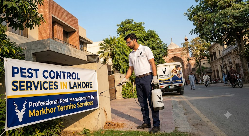 Professional pest control technician spraying a home wall for Pest Control Services in Lahore.