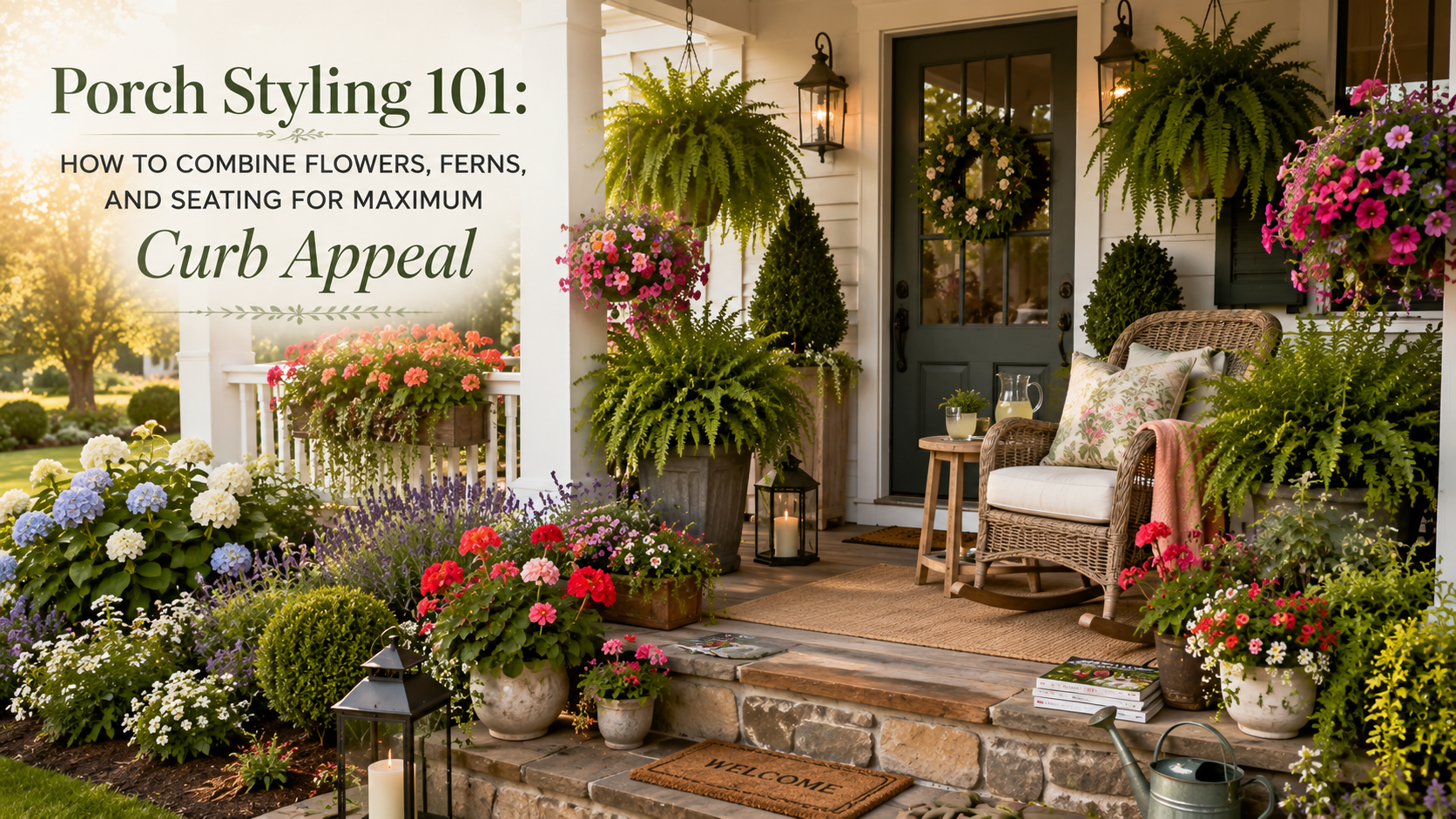 Porch Styling 101 How to Combine Flowers, Ferns, and Seating for Maximum Curb Appeal