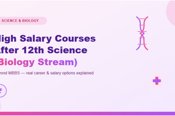 High salary courses after 12th science biology infographic with DNA helix and medical icons