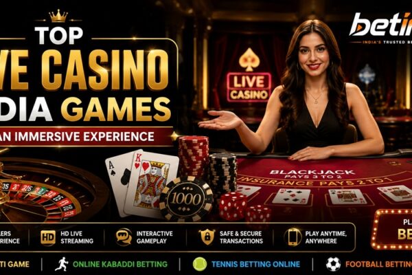 Top Live Casino India Games for an Immersive Experience featuring a live casino dealer, roulette wheel, blackjack table, poker chips, playing cards