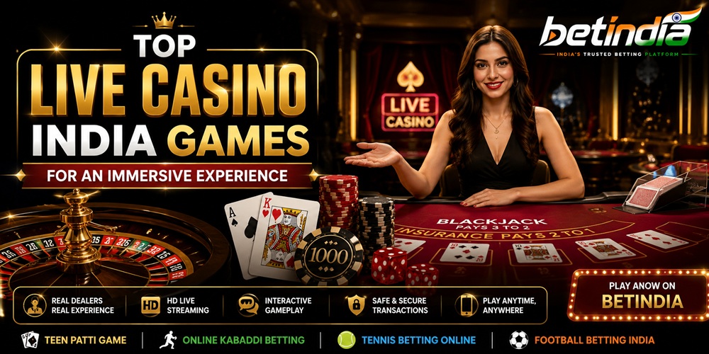 Top Live Casino India Games for an Immersive Experience featuring a live casino dealer, roulette wheel, blackjack table, poker chips, playing cards