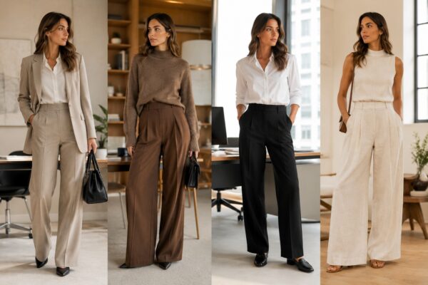 Women's tailored wide-leg office pants styled with blazers, shirts, knitwear and neutral tops for workwear inspiration