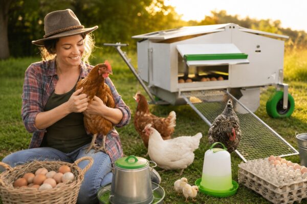 Farmer holding a hen beside a portable chicken caravan with free-range chickens, chicks, and fresh eggs