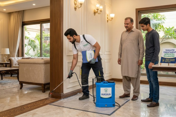 Here is the alt text, optimized for your keyword and character limit: Hasan technician providing **Termite Services in Lahore** with a sprayer inside a home.