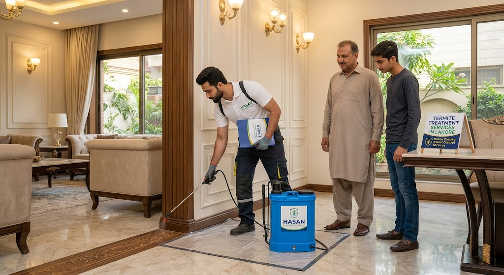 Here is the alt text, optimized for your keyword and character limit: Hasan technician providing **Termite Services in Lahore** with a sprayer inside a home.