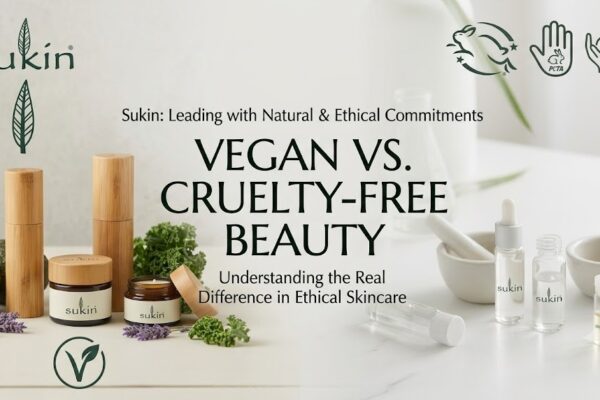 Vegan and cruelty-free skincare products with natural ingredients and Sukin logo highlighting ethical beauty