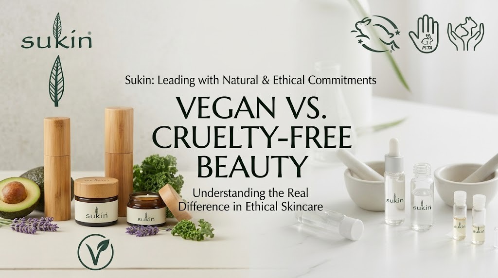 Vegan and cruelty-free skincare products with natural ingredients and Sukin logo highlighting ethical beauty