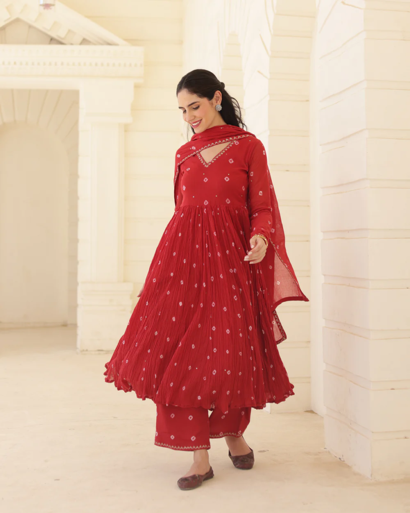 red printed anarkali suit