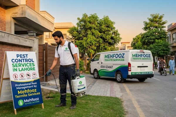 Mehfooz technician providing Pest Control Services in Lahore next to a branded sign and service van.