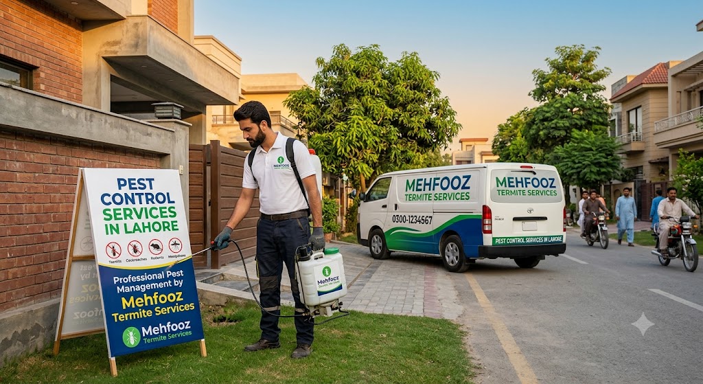 Mehfooz technician providing Pest Control Services in Lahore next to a branded sign and service van.