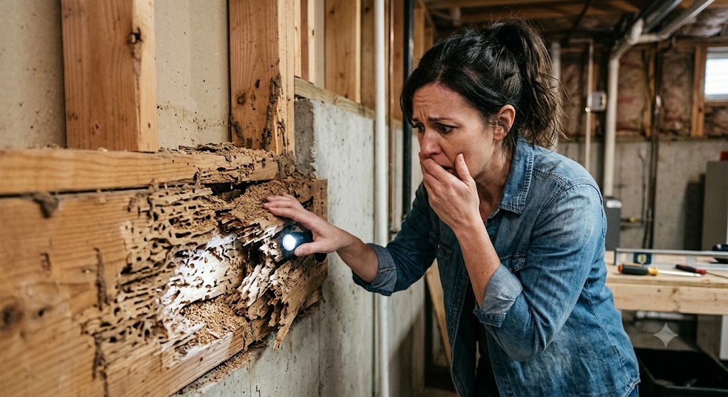 Termite infestation causing severe damage to wooden wall structures in a home
