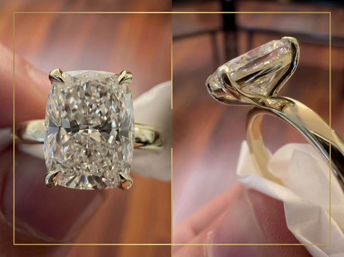 Close-up of a radiant cut lab grown diamond solitaire ring in a four-prong setting, showing the top view and side profile of the cathedral-style mounting.