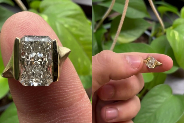Close-up of a radiant cut lab grown diamond ring set in yellow gold with bold geometric side accents, shown on a fingertip from multiple angles.