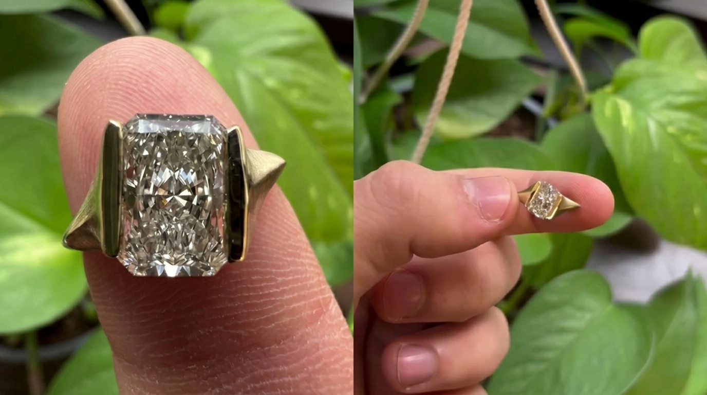 Close-up of a radiant cut lab grown diamond ring set in yellow gold with bold geometric side accents, shown on a fingertip from multiple angles.