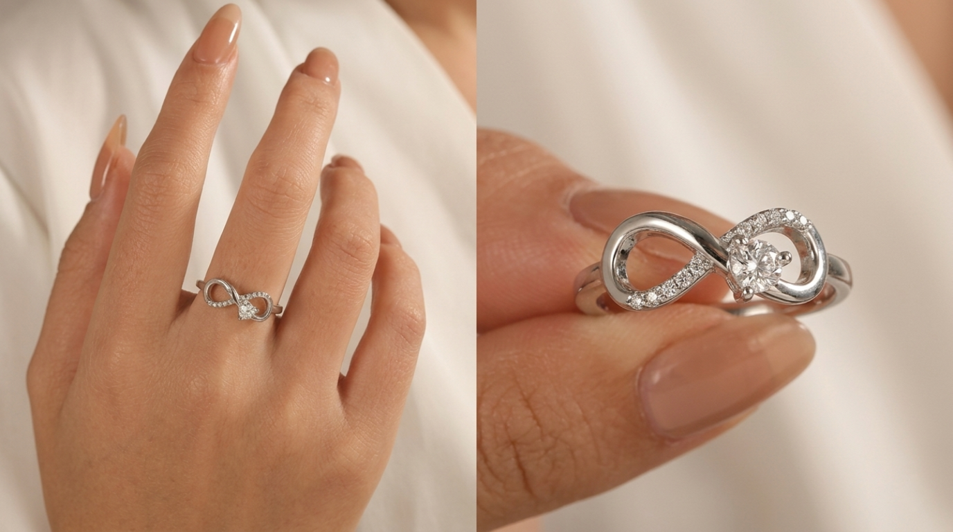 A side-by-side view of a silver infinity ring. The left shows the ring worn on a person's middle finger, while the right provides a close-up view held between two fingers, detailing the central diamond and pavé accent stones along one loop of the infinity symbol.